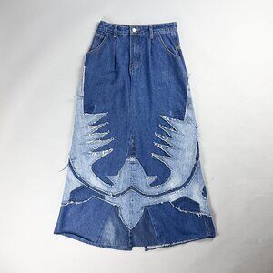 Denim Maxi Skirt, Upcycled Long Blue Jean Skirt with Frayed Cowboy Boot Stitch